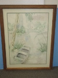Small Boat on Tranquil Body of Water w/Red/White Bobber Caught on Limb Original Water Color