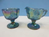 Pair Colony Blue Carnival Pressed Glass Harvest Pattern Grape & Leaves Design Footed Creamer