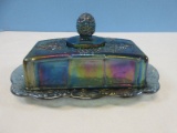 Colony Blue Carnival Pressed Glass Harvest Pattern 2pc 1/4Lb Covered Butter Dish 8
