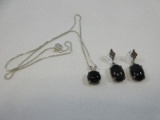 3 pc. Jewelry Set 925 Sterling Silver Box Chain Necklace w/ Floating Cabochon Black Onyx