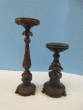 2 French Inspired Polyresin Pillar Candle Stand Ornately Embellished Antique Patina