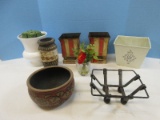 Lot Wrought Iron Footed Basket Embossed Tin Planter w/ Liner, Plastic White Urn, Pair Tin