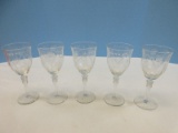 Set of 5 Rock Sharpe Depression Cut Crystal Mosque Rose Pattern Stem 2009 Cut Floral & Dot