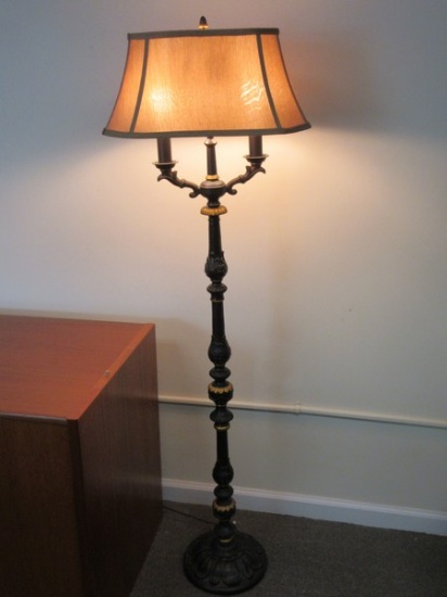 Hollywood Regency Candelabra Floor Lamp Antique Bronze Patina Finish Gilt Accent