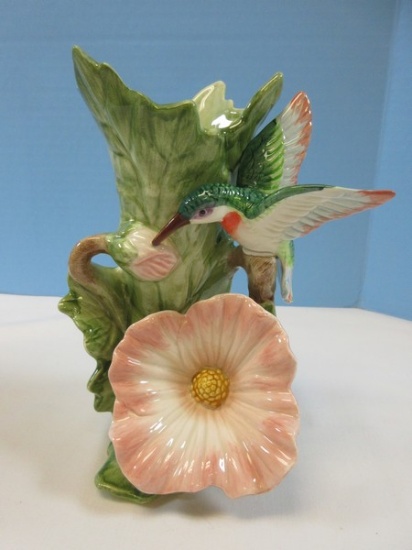 Fitz & Floyd Sculpted Hummingbird Collection Figural Bird & Flower 7 1/4" Bud Vase 1988-93,