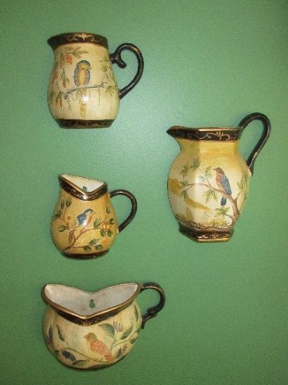 Set of 4 Vignette Wall Pockets Various Pitcher Shapes & Perched Birds Hand painted Designs