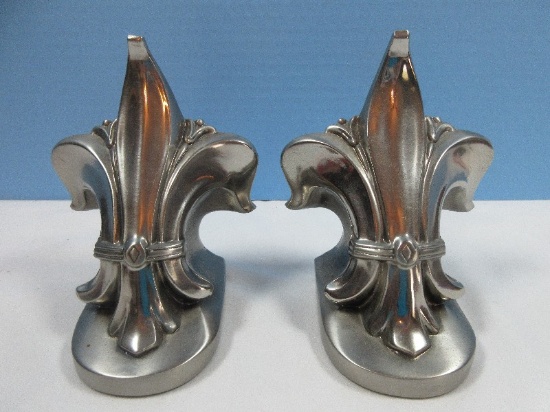 Pair P.M. Craftsman Classic Fleur De Lis Bookend Pewter Finish Stylized Lily or Iris Flower Depicts