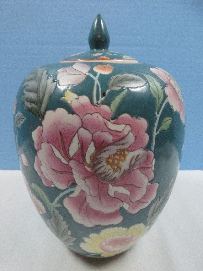 2 pc. Semi-Porcelain Hand Painted Oriental Floral Design Famille Rose Style Temple Jar