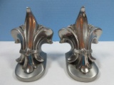 Pair P.M. Craftsman Classic Fleur De Lis Bookend Pewter Finish Stylized Lily or Iris Flower Depicts