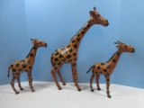 Set of 3 Figural Giraffes D‚cor Hand Crafted Leather Statuettes Approx. 18 1/2