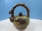 Oversized Large Majolica Style Decorative Teapot Bamboo Style Handle Raised Applied Grape-
