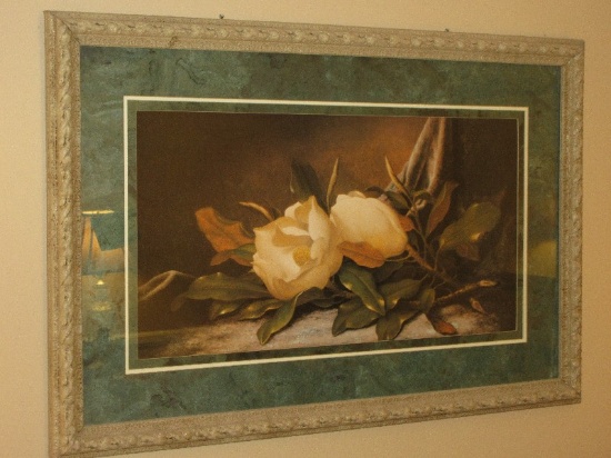 Still Life Botanical Magnolia Flowers & Foliage Fine Art Print in Beautiful Antiqued Patina Frame/