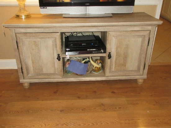 Stately Cottage Farmhouse Console Media Cabinet Rustic Center Open Shelves Flanked by Panel
