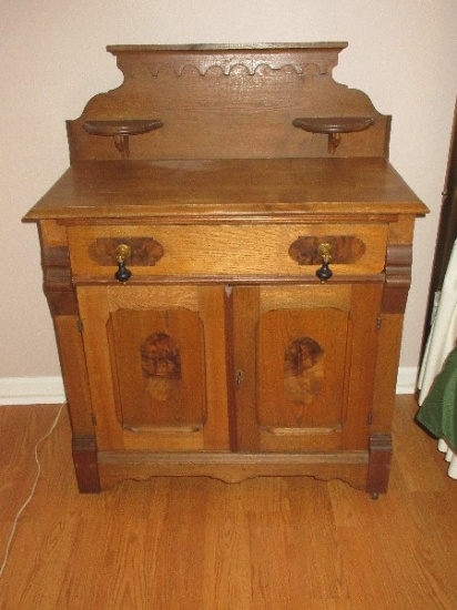 Beautiful Victorian Era Estate Walnut Antique Wash Stand Back Splash w/Dual Shelves, Ebony