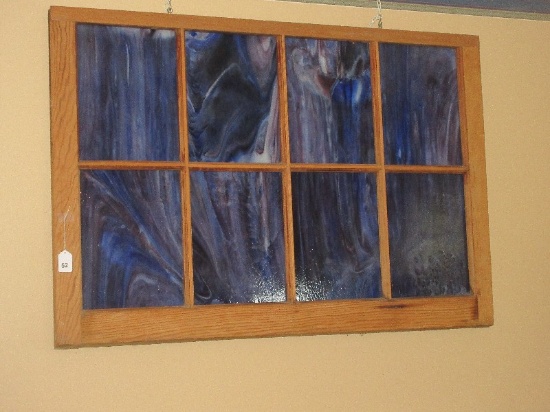 Splendid Cobalt Blue Slag Stained glass Stash Church 8 Pane Window in Wooden Frame