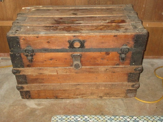 Antique Knotty Pine Small Trunk w/Metal Trim & Divided Insert Tray- 20"H x 30 1/2" x 20 3/4"