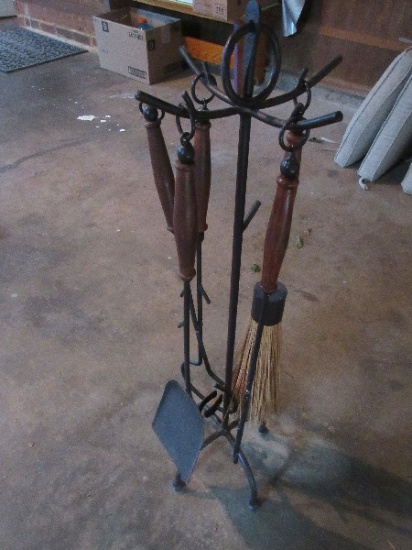 5pc Wrought Iron Fireplace Tool Set w/Stand Wooden Handles Colonial American Style