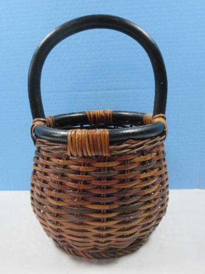 Traditional Handwoven Wicker Gathering Basket w/Black Rattan Handle- 14 1/2"H, 8 1/2"D