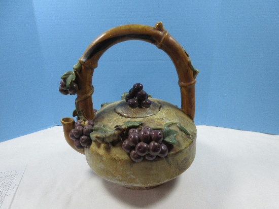 Oversized Large Majolica Style Decorative Teapot Bamboo Style Handle Raised Applied Grape-