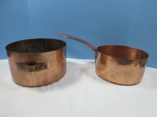 Lot Large Copper Pot/Sauce Pan w/Copper Handle 4 1/2"H, 8 1/2"D- Copper Large Pot 5 1/2"H,