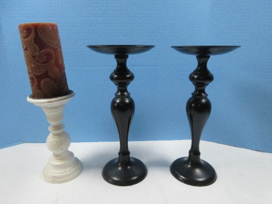 Lot Pair Black Metal Contemporary 12" Pillar Candle Stands, Polyresin Candle Holder 8"