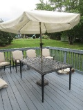 3pc Cast Aluminum Patio Table w/Umbrella Stand Base & Umbrella Mediterranean Design