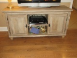 Stately Cottage Farmhouse Console Media Cabinet Rustic Center Open Shelves Flanked by Panel
