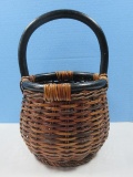 Traditional Handwoven Wicker Gathering Basket w/Black Rattan Handle- 14 1/2