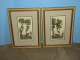Pair European Rural Countryside Scene Watercolor Block Prints Artist Signed Roger Hebbelinck
