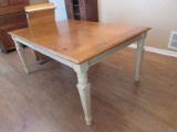 Stately Wooden Farmhouse Table w/Leaf Knotty Pine Rectangular Top on Painted Off-White