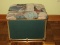 Storage Box Ottoman w/Cushioned Top Book Theme Pattern Metal Accents & Side Handles
