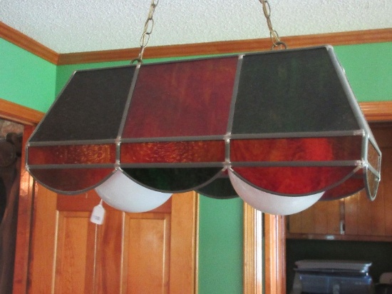 Stained Glass Hanging Light Fixture Rectangular Shade w/Panels Slag Glass w/Milk Glass Globes