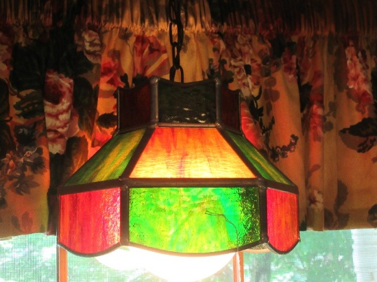 Stained Slag Glass Hanging Light Fixture Shade w/Panels & Milk Glass Globe