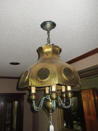 Unique Impressive Bell Shape Chandelier Brushed Brass Adorned w/Circular Textured Glass