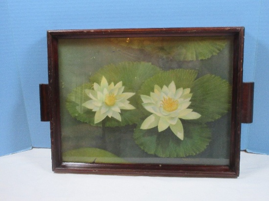 Vintage Wooden Serving Rectangular Handled Tray w/American White Waterlilies Lithograph
