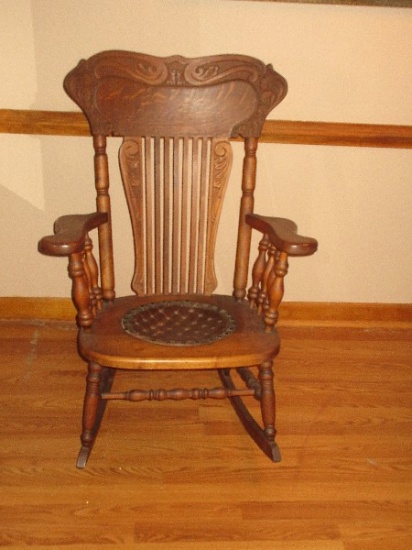 Spectacular Antique Oak Rocking Chair Pressed Back Design Leather Seat Insert Rug Cutter