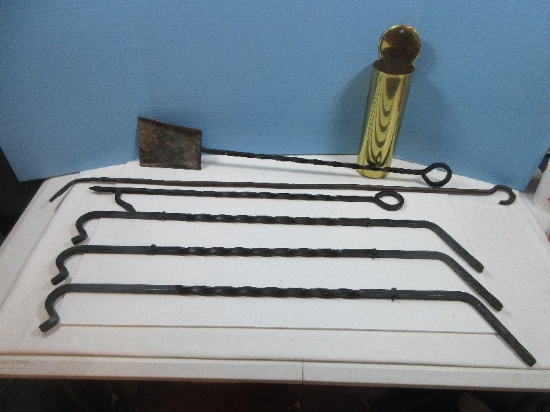 Lot 6pc Fireplace Tool Set Wrought Iron w/Spiral Loop Handles