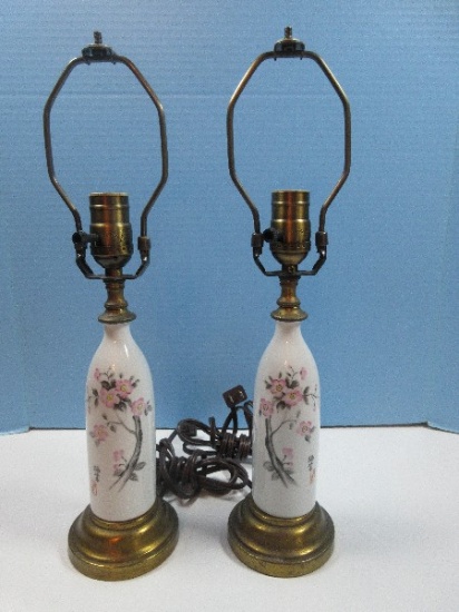Pair Paul Hanson Oriental Hand Painted Boudoir 18" Mini Lamps Slender Bottle Shaped Cherry