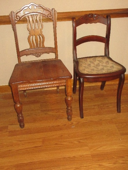 2 Vintage Accent Chairs Oak Depression Era Style Intricate Back Splash & Mahogany Carved
