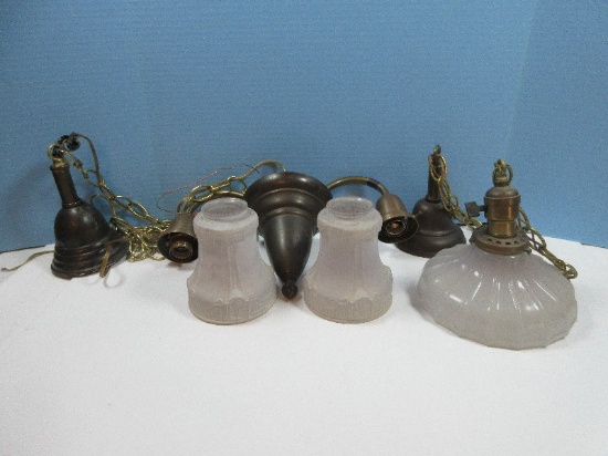 2 Antique Ceiling Hanging Light Fixtures Double Arm Drop Art Deco Sandblasted Glass Shades