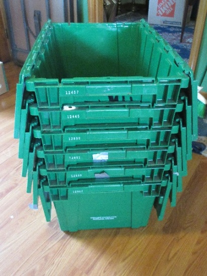 Lot 6 Paxton Durable Storage Stackable Plastic Green Totes High Density w/Interlock Lids