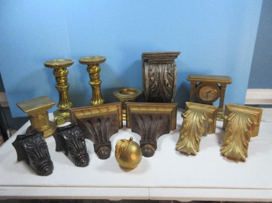 Lot Pair 11 1/2" Heavy Sculpted Form Pillar Candle Stands Gilded Finish, Classic Gilt Terra Cotta