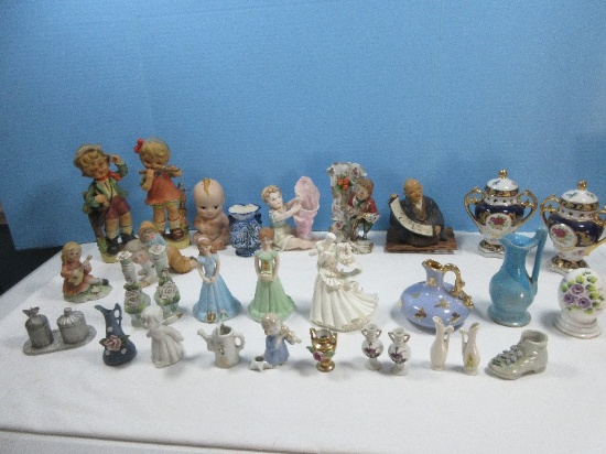Lot Misc Figurines, Pair Porcelain 6 1/2" Mini Urn w/Pierced Accent & Lids, 2 Bisque Growing Up