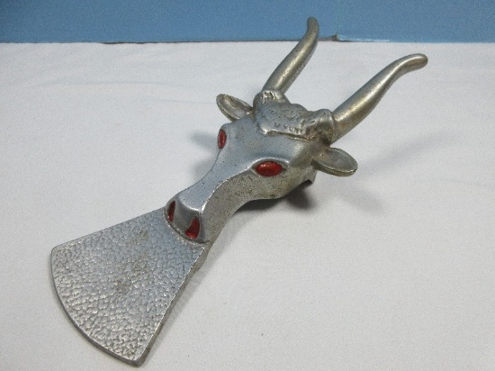 Vintage Ricardo Metal Boot Jack Cast Aluminum Figural Bull's Head w/Horns Red Eyes & Nostrils