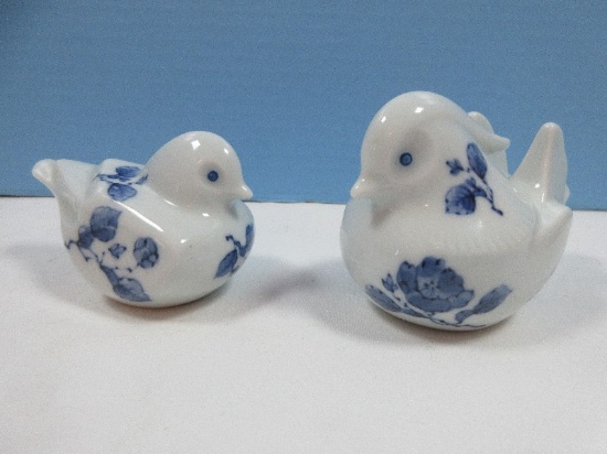 Pair Fitz & Floyd Camellia Pattern Blue Flowers & Leaves Figural Porcelain 3" Mandarin Duck &