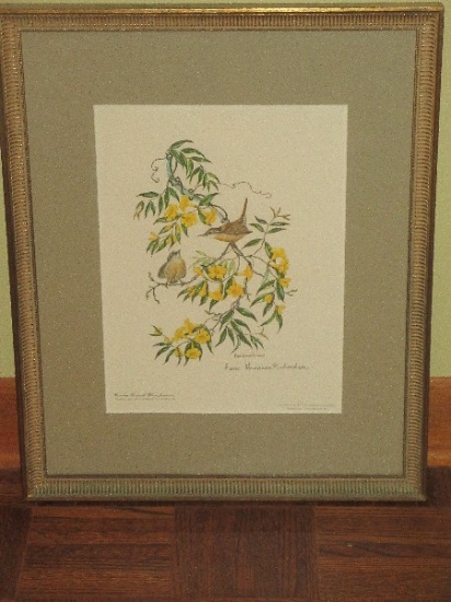 Lithograph Carolina Wren & Yellow Jasamine 1969 Artist Signed Anne Richardson w/Personal