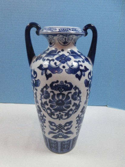 Semi Porcelain Elegant Blue & White Floral Vine Design Classic Vase 12 1/2" w/Double Handles