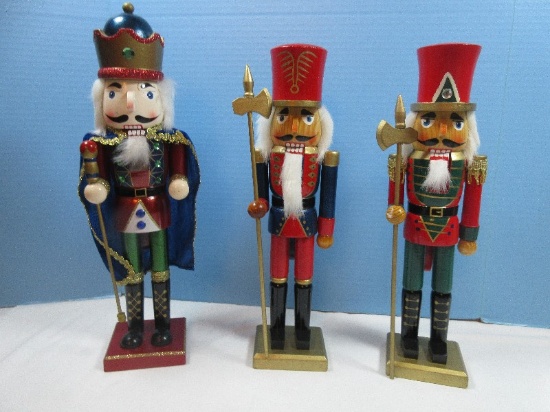 3 Wooden 15" Nutcrackers, 2 Are Palace Guards & 16" King w/Scepter Wearing Cape