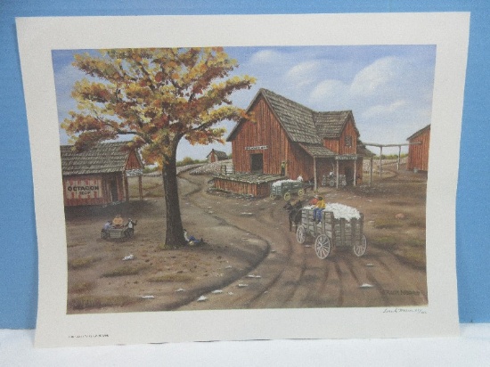 Titled "Cotton Wagon Going Into Barn" Folk Art Rural Sahre Cropper Scene Artist Signed Frank