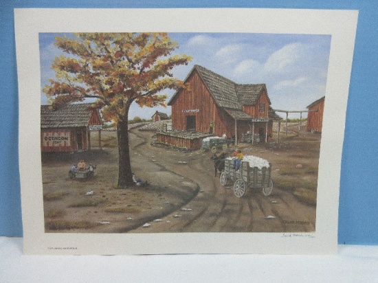 Titled "Cotton Wagon Going Into Barn" Folk Art Rural Sahre Cropper Scene Artist Signed Frank